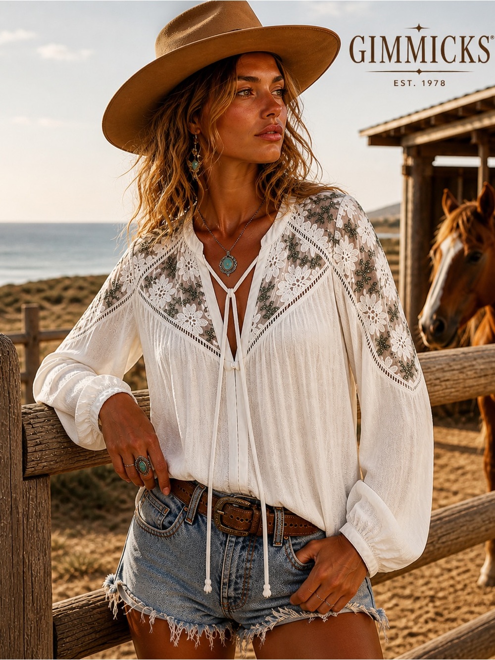 Gimmicks, Boho Embroidered Sheer/Yoke, Peasant Blouse Ivory Coastal Top Size M